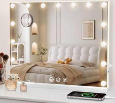 Holivudo makiažo veidrodis su apšvietimu, kosmetinis veidrodis 58 x 46 cm, 15 LED lempučių „Super HD“ veidrodis makiažui, 3 apšvietimo spalvos, reguliuojamas apšvietimas liečiant, USB, komplekte – 10 kartų didinantis veidrodis