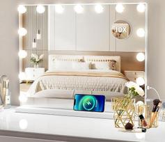 Holivudo veidrodis su apšvietimu, 15 LED lempučių ir USB įkrovimo prievadu | Makiažo veidrodis su apšvietimu, 58 x 46 cm, tualetinio staliuko veidrodis su jutikliniu jungikliu, puiki dovana jai
