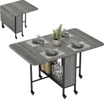 HOMCOM sulankstomas valgomojo stalas, sulankstomas stalas 4-6 žmonėms, modernus virtuvės stalas, taupantis erdvę, su lentyna ir 6 ratukais, metalinis, 130 x 80 x 74 cm, pilkos spalvos