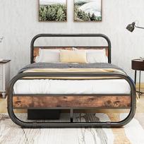 HOMERECOMMEND Metalinė lova 120 x 200 cm, metalinis ir medinis lovos rėmas su grotelėmis, 120 x 200 cm lovos rėmas su galvūgaliu, ovalo formos lova su laikymo vieta po lova, ruda