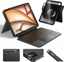 HOU 360° kampu besisukantis nuimamas dėklas su klaviatūra, skirtas "iPad Air" 11 colių M4/M3/M2, "Air 5/4th Gen", "Pro" 11 colių 4/3/2/1 Gen, 155° reguliuojamas stovas, jutiklinis manipuliatorius, 7 spalvų apšvietimas, pieštuko dėklas, QWERTZ