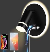 HUIZHOU LED sieninis šviestuvas su USB 12 W, sieninis skaitymo šviestuvas su jutikliniu valdymu, 3 spalvų temperatūros, pasukamas 350° kampu, sieninis miegamojo ir svetainės šviestuvas (apvalus, juodas)