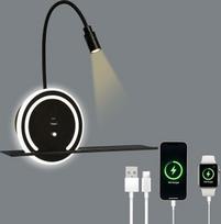 HUIZHOU skaitymo lempa, pasukamas LED sieninis šviestuvas su lanksčiu kakleliu, USB ir USB-C įkrovimo prievadais, metaline lentynėle, 3 W 3000 K skaitymo šviesa + 9 W aplinkos apšvietimas, skirta miegamajam ir viešbučiui (juoda)