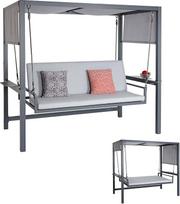 HWC-L47 Aliuminio sūpynės Sodo sūpynės Atsilenkimo funkcija Tekstilinis stogas Olefinas 195 x 221 x 131 cm Pagalvėlė Pilka