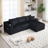 I0I&I0I Modulinis sofų komplektas su šezlongu ir dviviete sofa, apvilktas korduro audiniu, su 5 pagalvėlėmis ir gėrimų laikikliais, skirtas savarankiškai surinkti, skirtas buto svetainei (juoda + korduras + 3 sėdimosios vietos + putplastis)
