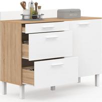 IDMarket - Virtuvės komoda 120cm puodo aukštis 83cm 1 durys + 3 stalčiai Buko ir baltos spalvos