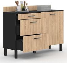 IDMarket - Virtuvinė spintelė 120 cm Kasetės aukštis 83 cm 1 durys + 3 stalčiai Juoda ir buko efektas