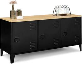 IDMarket – Žemas komodas „Ester“, 113 cm, 3 durys, metalas, juoda, medžio apdaila, pramoninis dizainas
