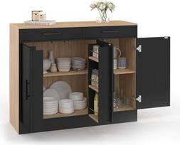 IDMarket – Žemas virtuvės bufetas „Alto“ (110 cm) su lentynomis, bukmedžio imitacijos ir juodos spalvos