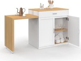 IDMarket – „Vito Central Island“ 94–155 cm, balta medžio imitacija su integruotu išsiskleidžiančiu valgomojo stalu, imituojančiu bukmedį