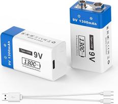 Įkraunamos 9 V baterijos, 1300 mAh polimerinės buitinės baterijos su C tipo įkrovimo kabeliu, skirtos dūmų detektoriams, belaidžiams mikrofonams ir kt. (4, 9 V, 1300 mAh)