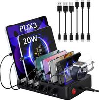Įkrovimo stotelė USB C Multi Dock 6 prievadai PD 96W Smart Fast Charging Dock Station 3X PD 20W USB C įkrovimo prievadas, suderinama su telefonais iPad iPad stovas Tabletė Keli įrenginiai (6 kabeliai pridedami) (juoda)