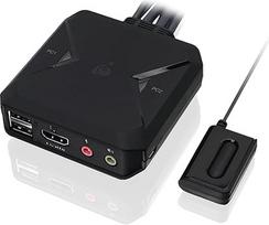 IOGEAR HDMI KVM komutatorius 2 kompiuteriai, 1 monitorius, 4K@60Hz, USB KVM komutatorius su garso išvestimi, kabeliu ir nuotolinio valdymo pultu, „Plug-and-Play“ USB šakotuvas, skirtas USB išorinių įrenginių dalijimuisi, suderinamas su „Windows“, „Mac“ ir