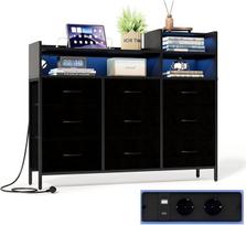 IRONCK komoda su stalčiais, stalčių spintelė su LED apšvietimu ir įkrovimo stotele, 9 medžiaginiai stalčiai ir 3 atviri skyriai, moderni stalčių spintelė miegamajam ir svetainei (juoda)