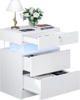 IRONCK naktinis staliukas su kištukiniu lizdu, naktinis staliukas su LED apšvietimu, staliukas su 3 stalčiais, 1 USB ir 1 C tipo prievadu bei užraktu, sofos staliukas svetainei, miegamajam, baltas