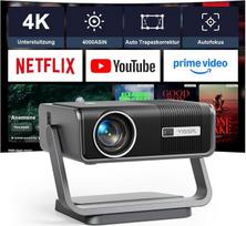 Išmanusis 4K projektorius 【Oficialios programėlės ir „Dolby Audio“】 3500 ANSI LED vaizdo projektorius, automatinis fokusavimas ir trapecijos iškraipymų korekcija, VISSPL 1080P „Full HD“, „Wi-Fi 6“, „Bluetooth“ namų kino / lauko projektorius su 360° pasuki