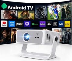 Išmanusis projektorius su integruotomis programėlėmis, „Android 14“, „Full HD 1080P“ projektorius, palaiko 4K, 25 000 liumenų, trapecijos korekcija, „Wi-Fi“ ir „Bluetooth“ projektorius namų kinui su 270° pasukamu stovu, suderinamas su nešiojamaisiais komp