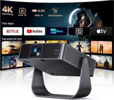 Išmanusis projektorius, suderinamas su „Netflix“ / tiesiogine televizija / pasukamas 330°: 4K mini projektorius su automatiniu fokusavimu / 6D trapečių korekcija, 4K mini projektorius 1080P „Full HD“, „Wi-Fi 6“ ir „Bluetooth“, namų kinas / mažas projektor