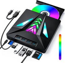 Išorinis CD/DVD įrenginys nešiojamajam kompiuteriui, DVD įrašymo įrenginys, išorinis USB 3.0 įrenginys | Šviesos diodas su pulsuojančiu apšvietimu, optinis +/-RW/ROM įrašymo įrenginys su 4 USB ir SD/TF kortelių lizdais, skirtas „Windows 11/10/8/7/XP/Vista