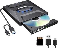 Išorinis CD/DVD įrenginys su USB 3.0 ir USB-C sąsajomis bei SD kortelių skaitytuvu | Nešiojamas DVD grotuvas su USB šakotuvu ir TF kortelių skaitytuvu, suderinamas su nešiojamaisiais kompiuteriais, „MacBook“, „iMac“, „Windows“ ir „Linux“ sistemomis, skirt