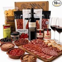 Ispaniškas gurmaniškas dovanų krepšelis: Iberijos kumpis, chorizo, „Pata Negra“, „Baron de Ley Reserva“ ir kiti delikatesai