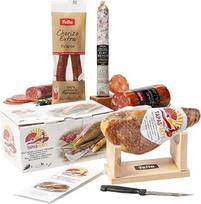 Ispaniškų tapas vakarėlio „Deluxe“ rinkinys | Mini „Serrano“ kumpis (1 kg) su stovu ir peiliu + chorizo, lomo, fuet | Gurmaniškas dovanų krepšelis ir delikatesai iš Ispanijos