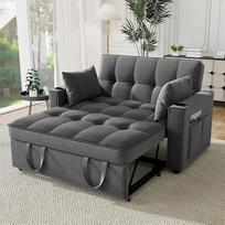 Išskleidžiama aksominė sofa-lova, "3-in-1" sofa su miego funkcija, gėrimų laikikliu ir šoninėmis kišenėmis, 2 pagalvėlėmis, reguliuojamu atlošu svetainei, namų kinui ir mažiems kambariams, pilka