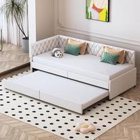 Išskleidžiama sofa 90 x 200 cm, dvivietė išskleidžiama sofa su išstumiamu lovos elementu, lova su groteliniu pagrindu, aksominė smėlio spalva, čiužinys neįskaičiuotas (balta)