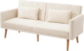 Išskleidžiama sofa, sofa su 2 pagalvėlėmis, sofa-lova su miego funkcija, kojos iš masyvios medienos, 3 padėčių reguliuojamas atlošas, išskleidžiama sofa, skirta svetainei, miegamajam, namų kinui, 180 x 75 x 82, aksomas, smėlio spalvos