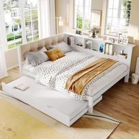 Išskleidžiama sofa-lova 140 x 200 cm su išstumiamu lovos pagrindu, dienos lova su reguliuojamo ryškumo LED juosta ir USB jungtimi, praktiška lentynėlė, pušies mediena, balta (čiužinys neįskaičiuotas)