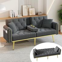 Išskleidžiama sofa-lova su miego funkcija, dvigulė sofa su reguliuojamu atlošu, šonine kišene ir gėrimų laikikliu, sofa-lova svetainei, miegamajam, aksominė, 175 x 80 x 73,5 cm (pilka)