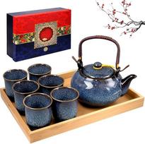Japoniškas arbatos rinkinys Dovanų 650 ml keramikos arbatinukas Nešiojamasis kinų porceliano rinkinys su 6 arbatos puodeliais 1 arbatos padėklas arbatos mėgėjams Moterys Vyrai Suaugusieji Dovanos Navy Blue