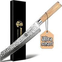 Japoniškas peilis duonai, dantytais kraštais, 26 cm, VG-10 Damasko plieno geležtė, SGS testuotas, ypač ilgai aštrus, puikus duonos pjaustytuvas traškiai raugintai duonai.