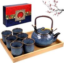 Japonų keraminis arbatinukas, 650 ml, mėlynos spalvos porcelianinis arbatos rinkinys, dovana | Komplekte: 6 arbatos puodeliai, 1 padėklas ir dovanų dėžutė; kinietiškas arbatinukas, skirtas suaugusiems arbatos mėgėjams – moterims ir vyrams – kaip dovana
