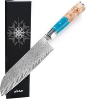 Japonų virtuvinis peilis „Damascus“, pagamintas iš 67 sluoksnių VG-10 plieno, itin aštrus, tvirtas ir tikslus; rankenos pagamintos iš dervos ir medžio. Profesionalus virtuvinis peilis daržovėms ir mėsai (Širdis...)