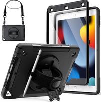 JETech dėklas "iPad" 10,2 colio (9/8/7 kartos, 2021/2020/2019) su įmontuota apsaugine plėvele, smūgiams atsparus tvirtas apsauginis dėklas, 360 laipsnių kampu besisukantis riešo dirželio stovas (juodas)