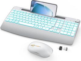 JOYACCESS belaidė pelė ir klaviatūra su apšvietimu bei telefono laikikliu; įkraunama belaidė klaviatūra su riešo atrama, skirta kompiuteriams „PC“, „Mac“ ir „Windows“ – balta-sidabrinė