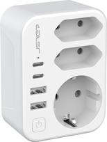 JSVER kelioninis adapteris: JAV, Amerika, Vokietija, B tipo kištukas, trigubas kelioninis kištukas su 4 USB prievadais (3,4 A, 17 W), kištukų adapteris, skirtas JAV, Kanadai, Tailandui, Meksikai (baltas)