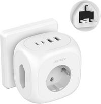 JSVER kelioninis adapteris, Jungtinės Karalystės adapteris, 3-jų pozicijų Anglijos ir Vokietijos kelioninis kištukas, lizdų blokas su 4 USB prievadais (2 USB-C ir 2A), G tipo lizdo adapteris, skirtas naudoti Anglijoje, Airijoje, Dubajuje, Maldyvuose, Honk