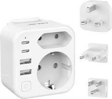 JSVER kelioninių adapterių rinkinys, tarptautinis kelioninis kištukas, 2 skyriai, 4 USB (2 C USB), 3 nuimami adapteriai su jungikliu, C/G/B tipo kištukas JAV, Europai, Anglijai, Jungtinei Karalystei, Tailandui (baltas)