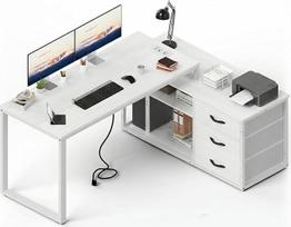 JUMMICO rašomasis stalas su stalčiais, 140 x 105 x 75 cm, "L" formos apverčiamas kampinis rašomasis stalas su 2 USB įkrovimo lizdais ir 2 kištukiniais lizdais, baltos spalvos