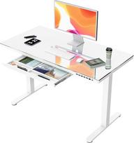 JUMMICO stiklinis reguliuojamo aukščio rašomasis stalas, elektrinis rašomasis stalas su stalčiumi, 120 x 60 cm stovimasis sėdimasis stalas, stovimasis rašomasis stalas namų biurui, baltas