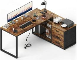 JUMMICO rašomasis stalas su stalčiais, 140 x 105 x 75 cm, L formos, apverčiamas kampinis rašomasis stalas su 2 USB įkrovimo lizdais ir 2 kištukiniais lizdais, rudos spalvos