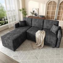 Juoda L formos kampinė 3-vietė sofa su ilgu gulėjimo paviršiumi (144 cm), aukštos kokybės šenilinė apdaila, maksimali apkrova 150 kg, komplekte su 2 pagalvėlėmis