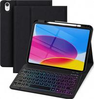 Juodas dėklas su klaviatūra, skirtas „iPad“ A16, 11-osios kartos, 2025 m. / 10-osios kartos | Klaviatūra su QWERTZ išdėstymu, magnetinė nuimama „Bluetooth“ klaviatūra, apšviesta, apsauginis dėklas su TPU nugarėle ir rašiklio laikikliu