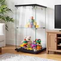 Juodos spalvos stiklinė vitrina su LED apšvietimu, 86 x 43 x 37 cm, moderni vitrina su 2 lentynomis, 1 durelėmis, stiklinė vitrina, stovinti vitrina iš grūdinto stiklo ir medžio, skirta svetainei