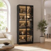 Juodos spalvos stiklinė vitrina, 80 x 38 x 200 cm. Grūdinto stiklo vitrina su LED apšvietimu ir 5 lentynomis. Bufetinė spintelė su stiklinėmis durimis, idealiai tinkanti virtuvei ir svetainei