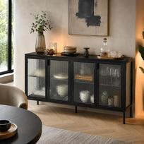 Juodos stiklo vitrina, bufetas su LED apšvietimu, vitrina su grūdintu stiklu ir metaliniu rėmu, bufetas, svetainės spintelė su lentynomis, juoda, 150 x 40 x 80 cm