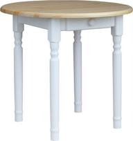 k koma Kaimo stiliaus apvalus valgomojo stalas su stalčiumi - baltos kojos, dažytos pušies spalvos stalviršis (skersmuo 80 cm)