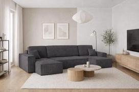 Kaiser Möbel, kampinė sofa su miego funkcija, su lovos dėže, geriausia sofa lova, dizaino U formos sofa, modernaus dizaino sofa, minkštas kampas, laisvai pastatoma, storas velvetas, tamsiai pilka